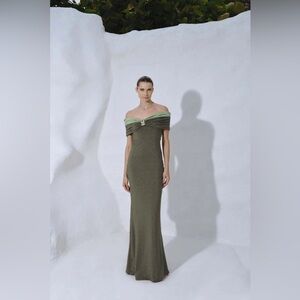 Baobab Collection Olive Green Off-Shoulder Maxi Dress with Light Green Trim